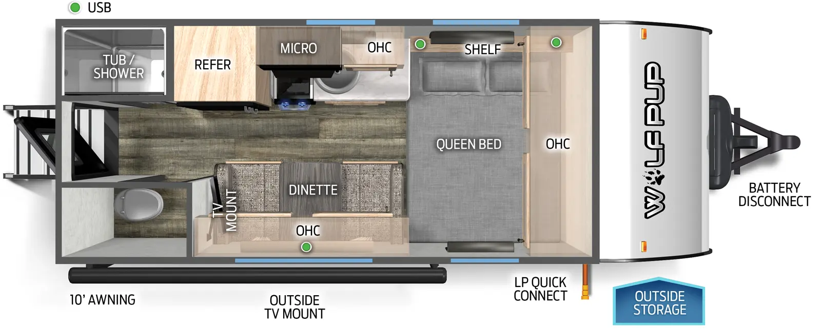 The 14CCW has no slide outs and one entry. Exterior features battery disconnect, LP quick connect, outside storage, 10 foot awning, and outside TV mount. Interior layout front to back: side-facing queen bed with shelf and overhead cabinet; off-door side kitchen countertop, sink, microwave, cook top, overhead cabinet and refrigerator; door side dinette, overhead cabinet, and TV mount; rear off-door side tub/shower; rear door side toilet; rear entry door.